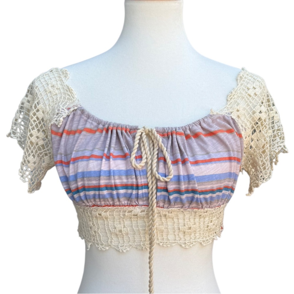 Free People Women’s S Aruba Crochet Striped Bohemian Hippie Festival Crop Top - Picture 5 of 12